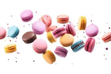Stickers pour porte Macarons Various colorful of macarons floating on the air isolated on clean png background, Desserts sweet cake concept, with Generative Ai.