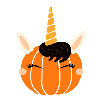 Cute pumpkin unicorn face hand drawn character illustration. Hand drawn cartoon animal, kawaii style flat design, isolated vector. Kids Halloween print element, trick or treat, party
