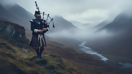 Obraz premium A traditional Scottish bagpiper, playing haunting melodies on a misty hilltop, surrounded by clouds and fog, evoking a sense of history and mystique. Generative AI