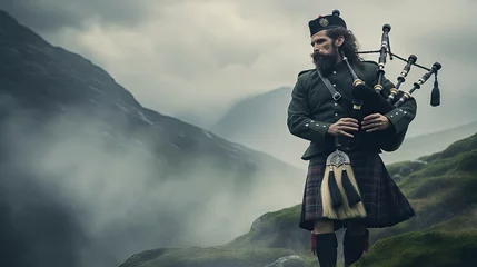Tuinposter A traditional Scottish bagpiper, playing haunting melodies on a misty hilltop, surrounded by clouds and fog, evoking a sense of history and mystique. Generative AI © Sebastián Hernández