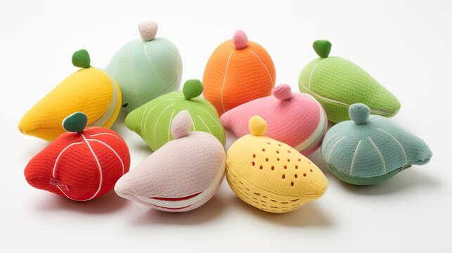 Adorable cloth and soft dolls shaped like various fruits and vegetables, designed to stimulate sensory development in babies. Generative AI