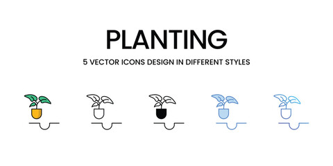 Planting Icon Design in Five style with Editable Stroke. Line, Solid, Flat Line, Duo Tone Color, and Color Gradient Line. Suitable for Web Page, Mobile App, UI, UX and GUI design.