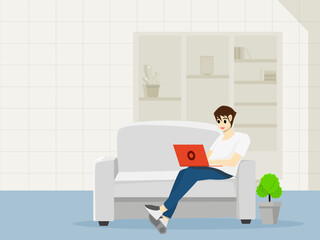 Teenager man happily sitting on the sofa playing laptop in the living room at home. People feel relax time with tree pot and bookshelf isolated background. Vector illustration cartoon style lifestyle 