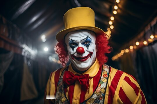 Scary creepy smiling clown circus jester joker villain carnival murderer horror halloween adult man evil expression make-up bizarre dark actor spooky monster face sinister dressed staring frightening 