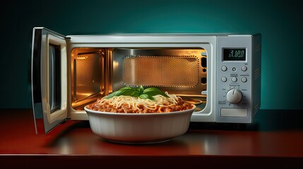 A classic microwave oven containing a savory lasagna-style cake, ready to be heated and enjoyed in a quick and convenient manner. Generative AI
