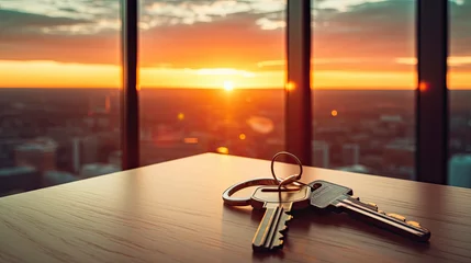 Foto op Plexiglas Keys on the table in new apartment against the background of sunset and large windows. Mortgage, investment, rent, real estate, property concept, Generative Ai © Nakron