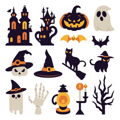 Halloween vector illustration collection of a spooky mansion, pumpkins, ghosts, skulls, witch hats, black cats, skeleton hands, and lamps