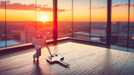 Keys on the table in new apartment against the background of sunset and large windows. Mortgage, investment, rent, real estate, property concept, Generative Ai