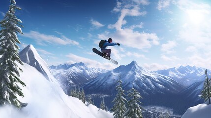 An action-packed shot of a snowboarder racing down a snowy mountain at high speed, showcasing agility, skill, and the thrill of winter sports. Generative AI