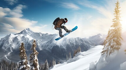 Naklejka na ściany i meble An action-packed shot of a snowboarder racing down a snowy mountain at high speed, showcasing agility, skill, and the thrill of winter sports. Generative AI