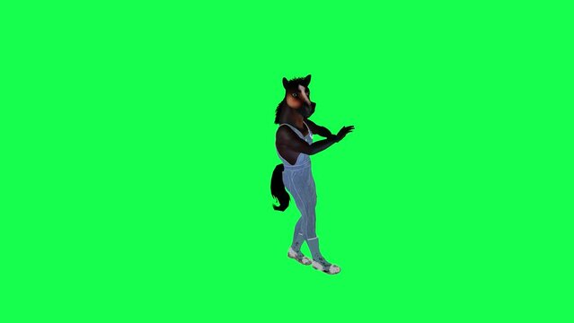 3D Cartoon Talking Dancing Horse Performing Hip Hop Dance From Left Angle On Green Screen 