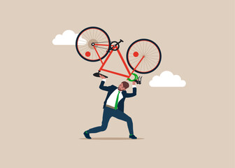 Businessman carrying  with bike. Modern vector illustration in flat style