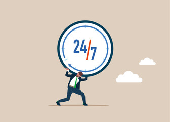 Businessman carrying huge with clock. Modern vector illustration in flat style