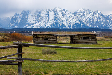 Fototapeta na wymiar J. Pierce Cunningham cabin and lodge pole fence in Grand Teton National Park, Wyoming. With snow covered mountains in the background. 
