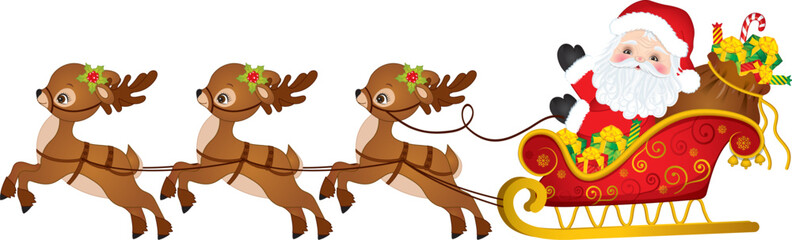 Vector Cartoon Santa Claus Riding Reindeer Sleigh
