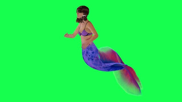 Amazing and beautiful magical mermaid swimming from right angle on green screen 