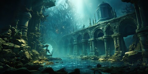 AI Generated. AI Generative. Old myth ancient under water undersea city town history. Graphic Art