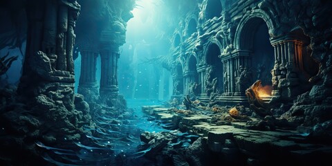 AI Generated. AI Generative. Old myth ancient under water undersea city town history. Graphic Art
