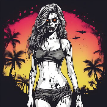 Sexy zombie woman in bikini on the beach. Vector hand drawn illustration. Generative AI