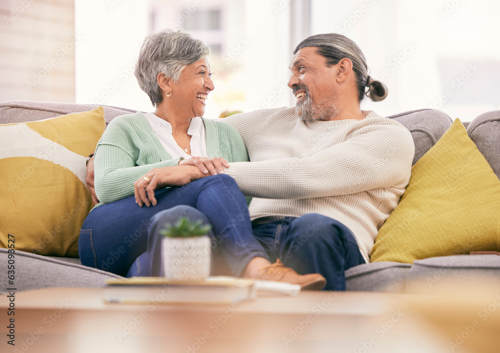 Canvas Prints Happy, mature couple and relax on sofa in home for love, care and bonding together with marriage partner. Man, woman and hug on couch with smile, support and loyalty for relationship in living room