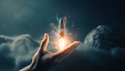 Launch startups concept. Elevate business success with innovative ideas, modern technology, and strategic entrepreneurship, symbolized by male hand and rocket.