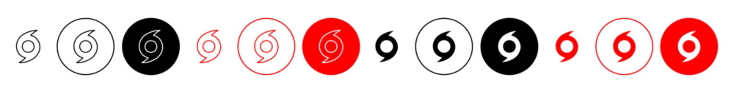 hurricane vector icon set. typhoon, storm, or cyclone disaster warning symbol in black and red color.