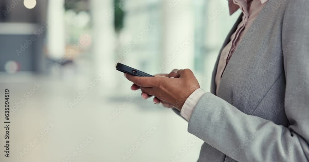 Wall mural Business person, phone and hands typing in communication, social media or networking at office. Closeup of employee texting, chatting or scrolling on mobile smartphone or online app at the workplace