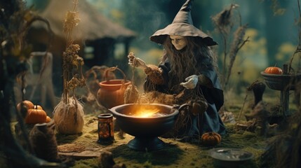 Miniature scene of a witch brewing a potion in her cauldron