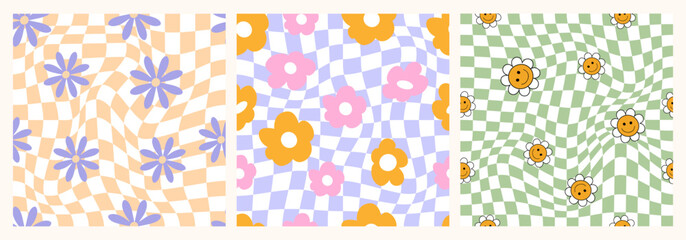1970 Daisy Flowers, Trippy Grid, Wavy Swirl Seamless Pattern Set in Orange, Pink Colors. Hand-Drawn Vector Illustration. Seventies Style, Groovy Background, Wallpaper. Flat Design, Hippie Aesthetic. - 635094743