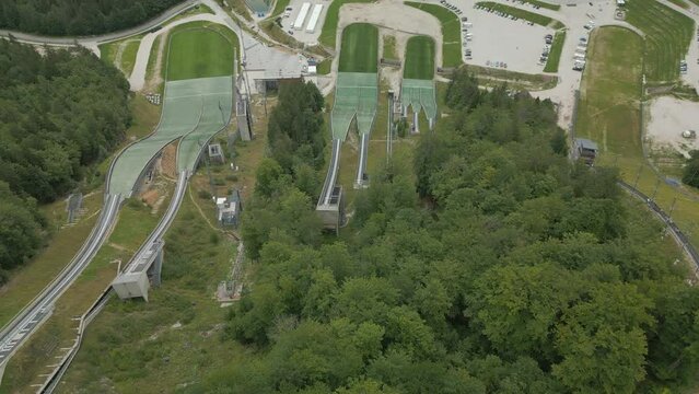 Ski jumps in Planica resort in Slovenia, aerial view.