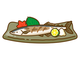 秋刀魚の塩焼き、大葉と紅葉のあしらい、スダチと大根おろし添え