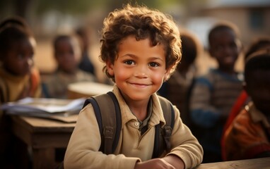 Fototapeta na wymiar Happy Boy at School in their Class, concept Back to school. Generative AI