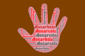 Die Wörter 'Antarktis, Antarctic, Antarctique, ' als Word Art, Word Cloud, Tag Cloud in unterschiedlichen Sprachen mit Textfreiraum.