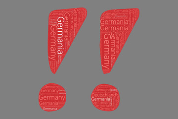 Die Wörter 'Deutschland, Germany, Allemagne, Germania' als Word Art, Word Cloud, Tag Cloud in unterschiedlichen Sprachen mit Textfreiraum.