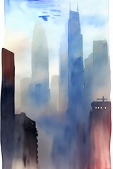 A Painting Of A City With Tall Buildings