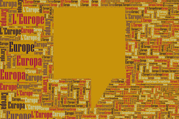 Die Wörter 'Europa, Europe, L'Europe, ' als Word Art, Word Cloud, Tag Cloud in unterschiedlichen Sprachen mit Textfreiraum.