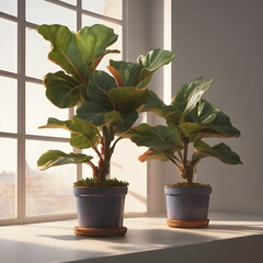 a fiddle fig in a white pot with red leaves. Generative AI