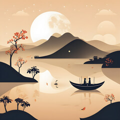 Two people on the canoe, river view with mountains, trees, clouds, the sun, and its reflection