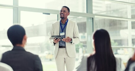 Business people, speaker and audience for presentation, feedback and information at conference or seminar. Professional clients or corporate manager talking, listening and meeting with tablet