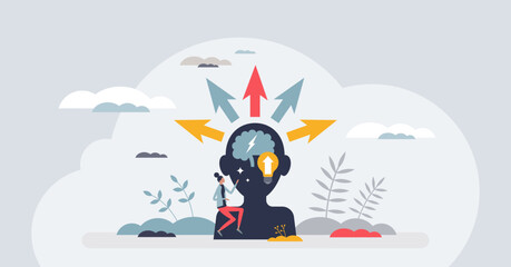 Personal growth and educational development with learning tiny person concept. Knowledge gain for mindset expanding and skills training vector illustration. Mind improvement and new idea evolution. - obrazy, fototapety, plakaty