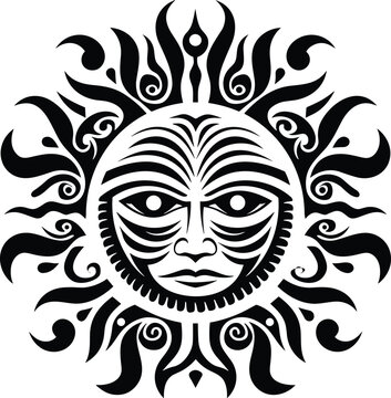 tribal sun tattoo, sun face maori style african aztecs or mayan ethnic mask vector illustration isolated on white background	