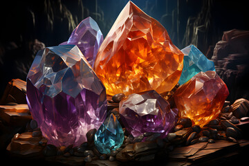 Pile of huge gemstones close-up in dark cave. 