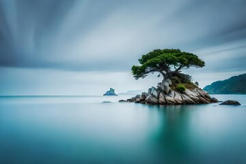 tropical island with a tree in the sea , tree in the sea, island  - obrazy, fototapety, plakaty