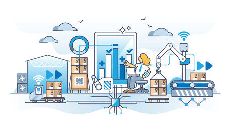 Inventory control and automated warehouse product management outline concept. Smart and effective robot usage for stock cargo movement, import and monitoring vector illustration. Packaging process.