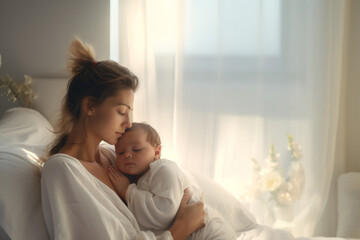 Portrait of a beautiful young mother and her newborn baby. A Mother and baby child on a bed.