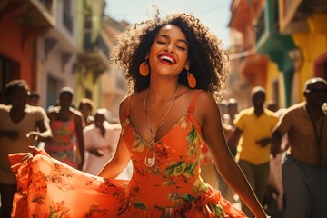 Young happy smiling beautiful cuban woman dancing on city streets in orange dress