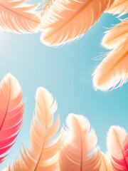 Naklejka premium Beautiful color feathers on blue sky background, soft focus and copy space Generative AI