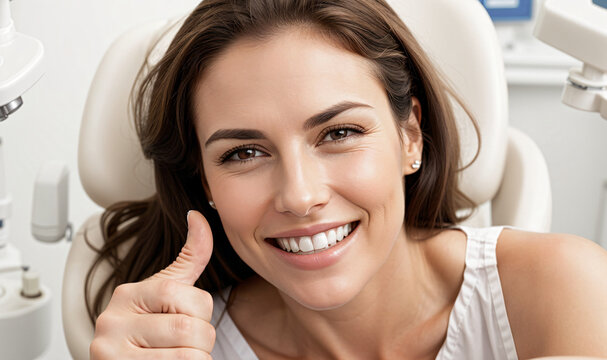 young smiling woman with white teeth laying on dentist chair showing thumbs up by medical ckeck, generative AI