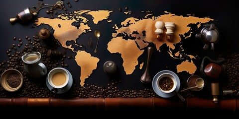coffee cup and beans  world map illustration represents international day of coffee