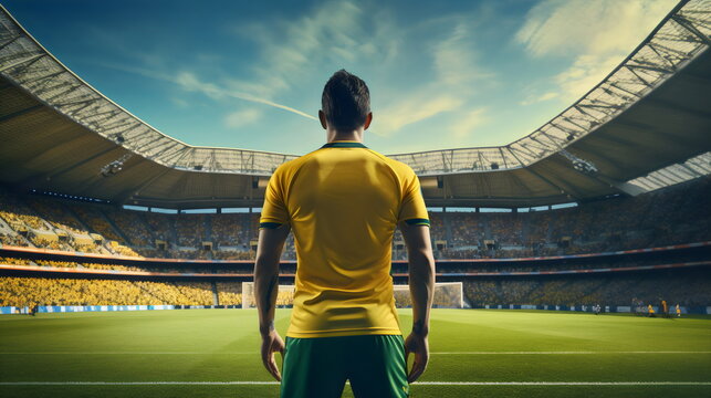 back view of male player on pitch in australian team at men's world cup in stadium wearing yellow and green